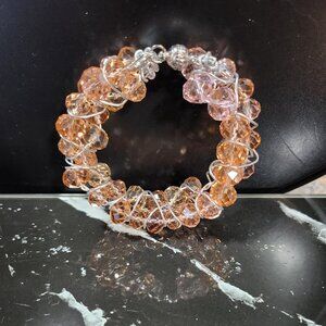 Wirework Bling Bracelet Peach Pink Crystal Beads Triple Layered Magnetic Closure
